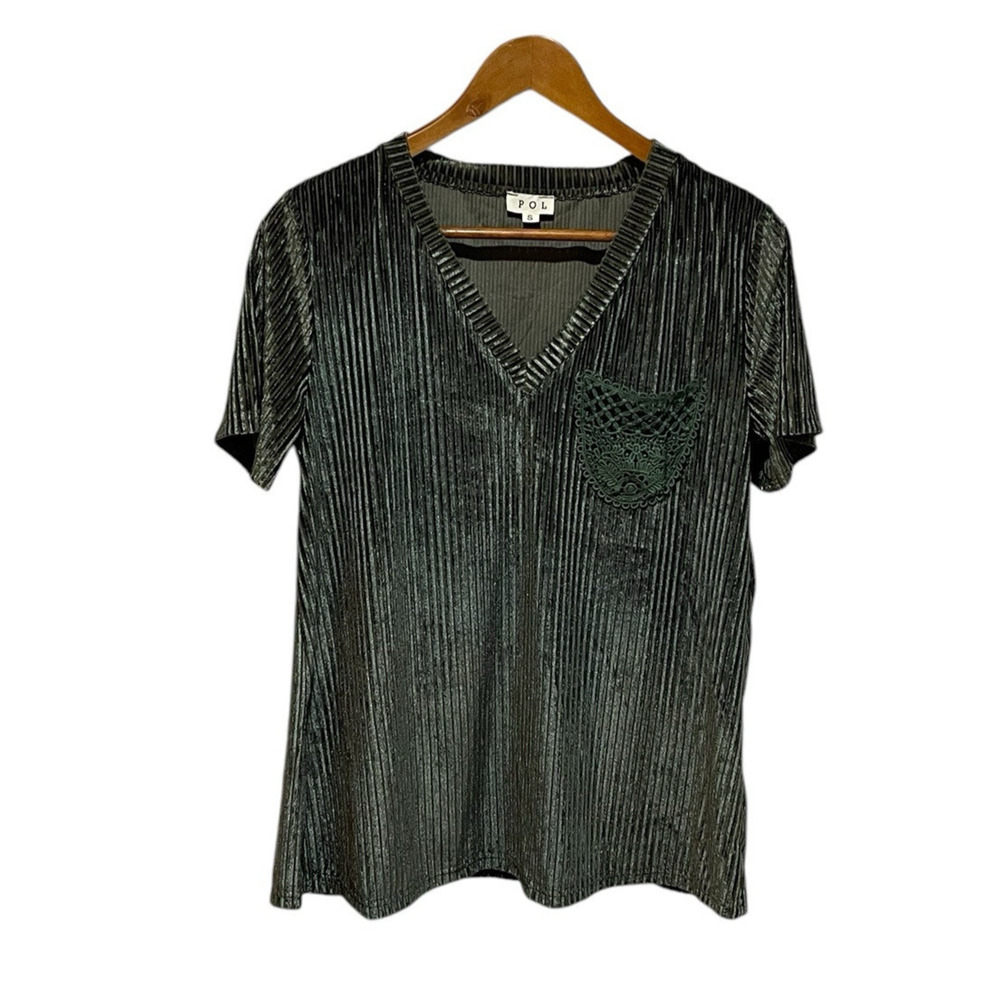 POL‎ Velvet Ribbed Short Sleeve Tunic Small V-Neck Dark Green Front Pocket